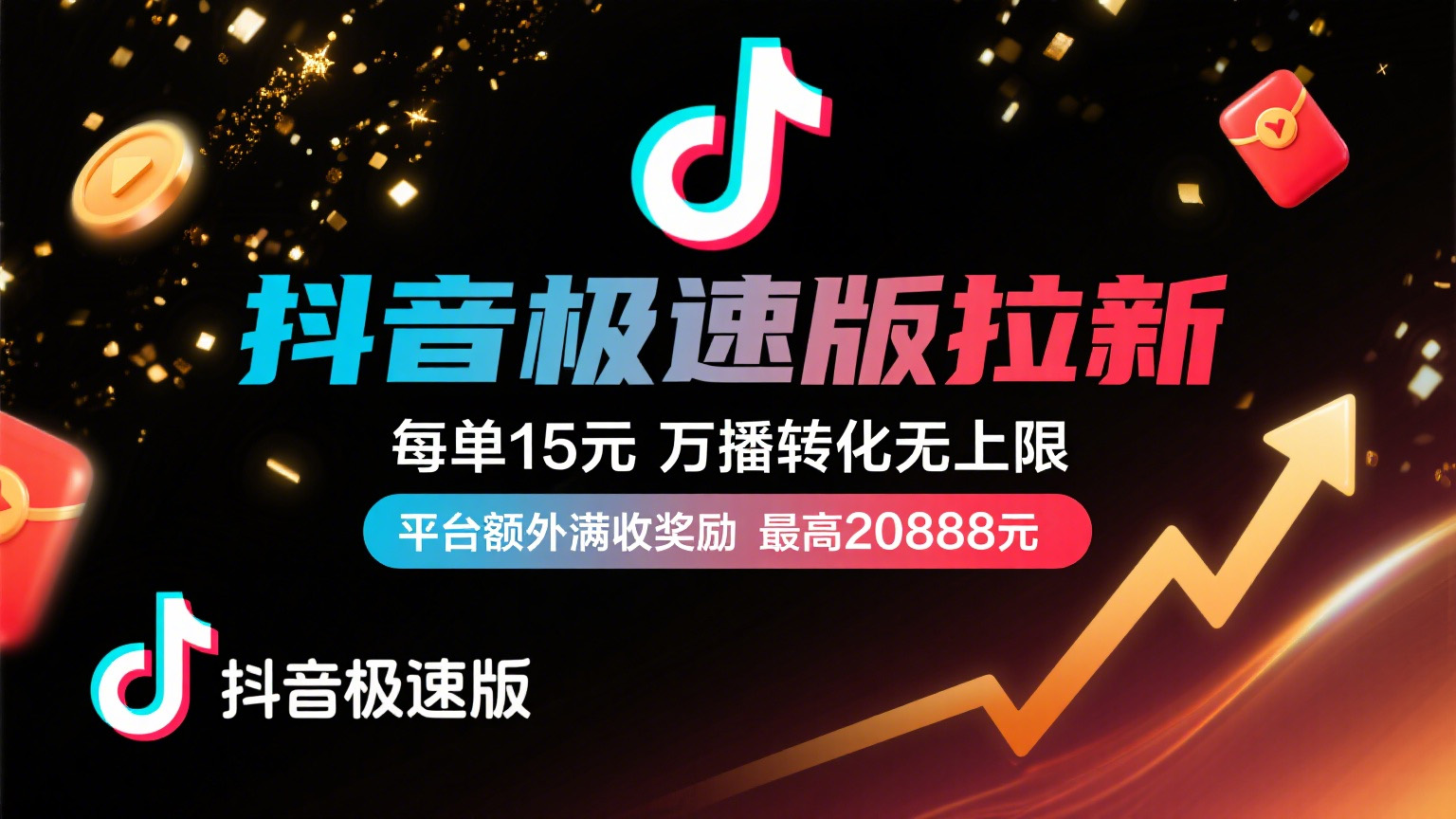 抖音极速版放福利，每单15元，万播转化无上限，平台额外满收奖励，最高可领20888元-91搞钱