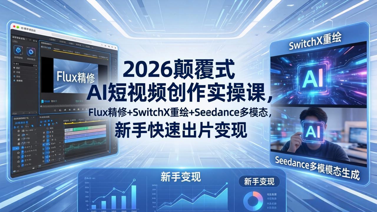 2026颠覆式 AI短视频创作课-5月更新，Flux精修+SwitchX重绘+Seedance多模态，新手快速出片变现-91搞钱