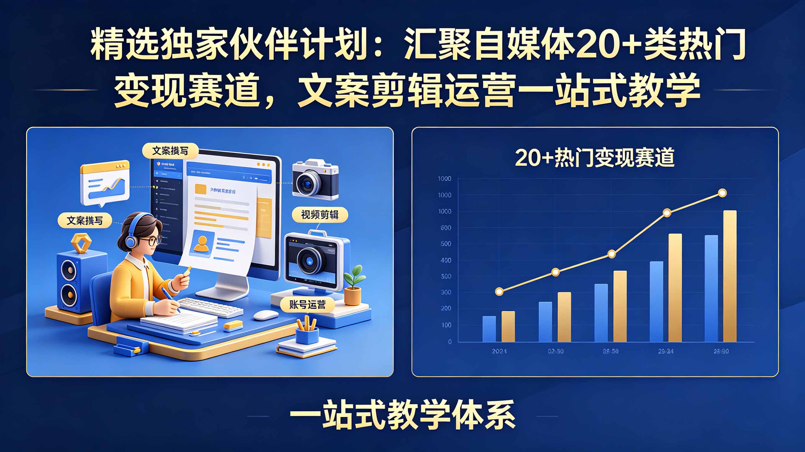 精选独家伙伴计划:汇聚自媒体20+类热门变现赛道,文案剪辑运营一站式教学-91搞钱