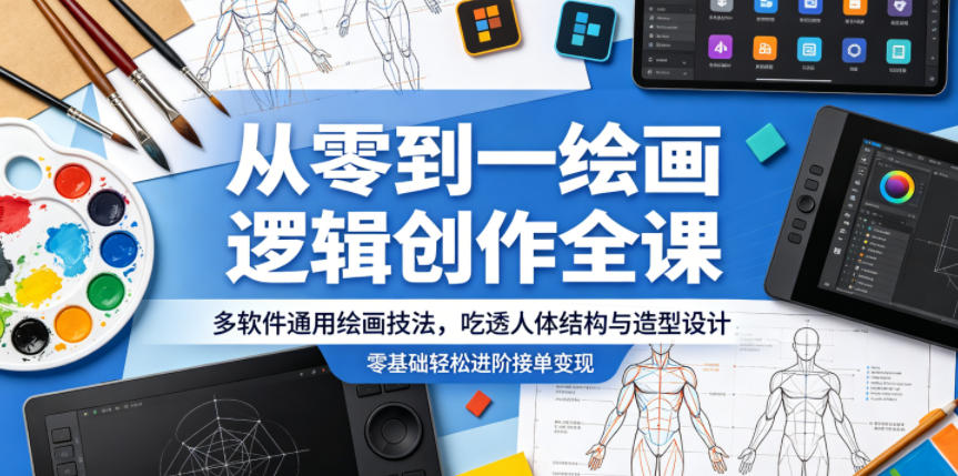 从零到一绘画逻辑创作全课，多软件通用绘画技法，吃透人体结构与造型设计，零基础轻松进阶接单变现-91搞钱