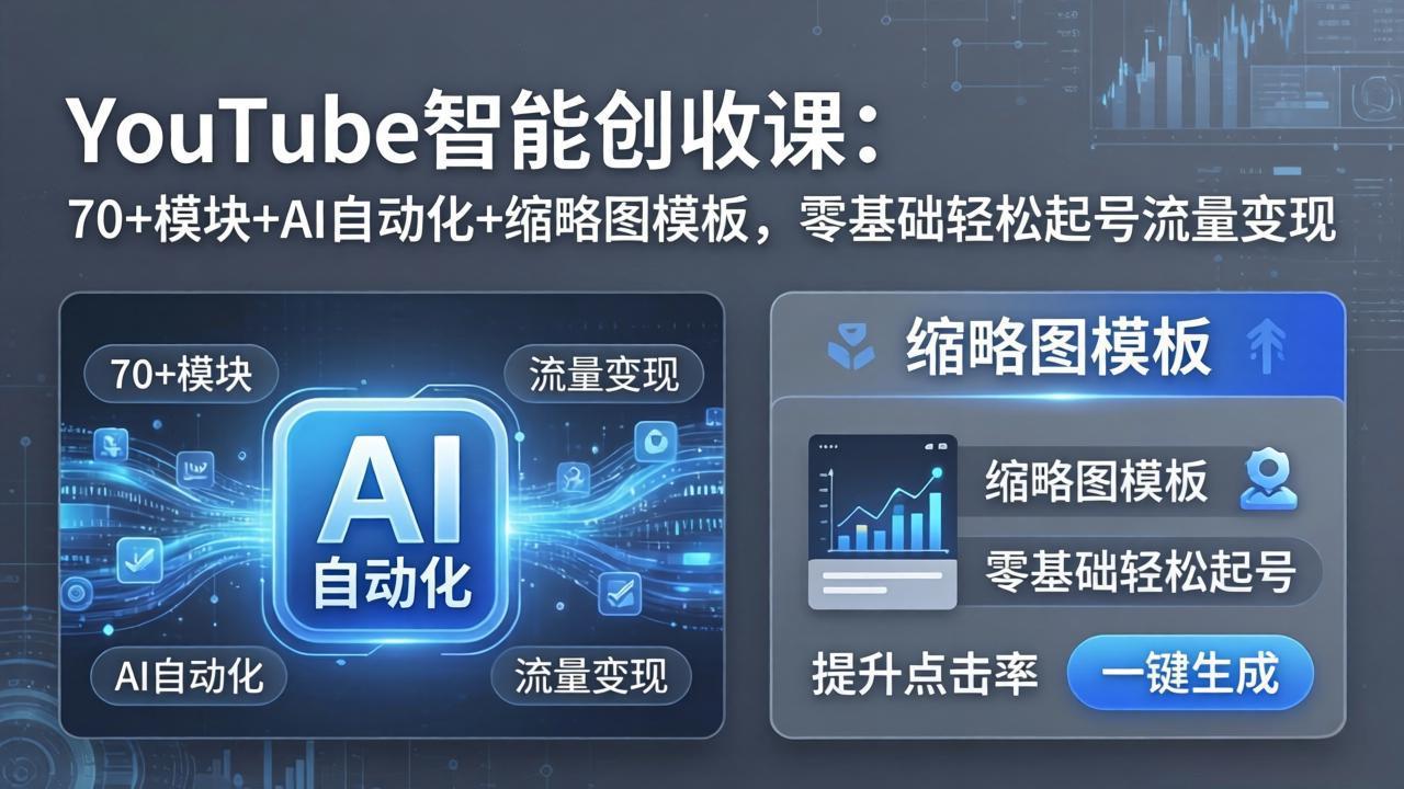 YouTube智能创收课：70+模块+AI自动化+缩略图模板，零基础轻松起号流量变现-91搞钱
