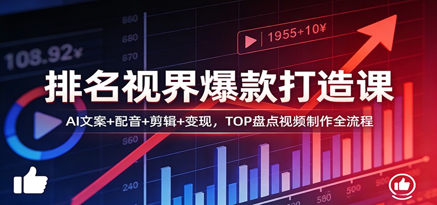 排名视界爆款打造课:AI文案+配音+剪辑+变现,TOP盘点视频制作全流程-91搞钱