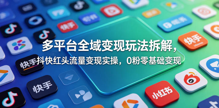 多平台全域变现玩法拆解，抖快红头流量变现实操，0粉零基础变现-91搞钱