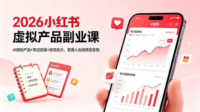 2026小红书虚拟产品副业课，AI原创产品+笔记流量+投流放大，普通人也能稳定变现-91搞钱
