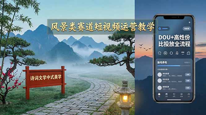 风景类赛道短视频运营教学：诗词文学中式美学，新号养号对标账号定位，DOU+高性价比投放全流程-91搞钱