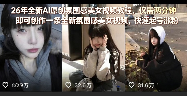 26年全新AI原创氛围感美女视频教程,仅需两分钟即可创作一条全新氛围感美女视频,快速起号涨粉-91搞钱