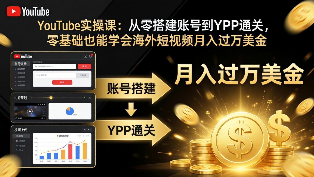 YouTube实操课:从零搭建账号到YPP通关,零基础也能学会海外短视频月入过万美金-91搞钱