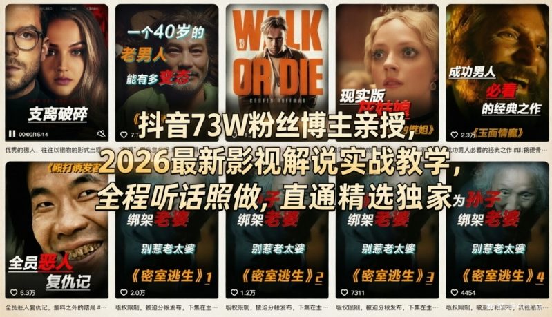 抖音73W粉丝博主亲授,2026最新影视解说实战教学,全程听话照做,直通精选独家-91搞钱