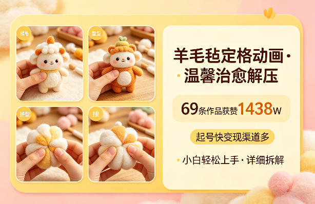 羊毛毡定格动画，温馨治愈解压，69条作品获赞1438W，起号快变现渠道多，小白轻松上手，详细拆解-91搞钱