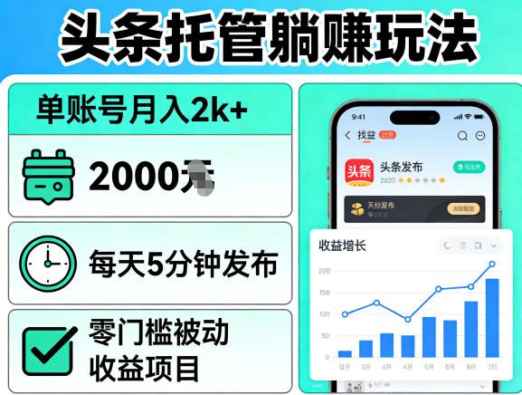 头条托管躺賺玩法，单账号月入2k+，每天5分钟发布即可，零门槛被动收益项目【揭秘】-91搞钱