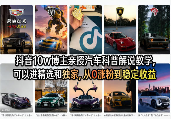 抖音10w博主亲授汽车科普解说教学，可以进精选和独家，从0涨粉到稳定收益(详细视频课程+1T素材)-91搞钱