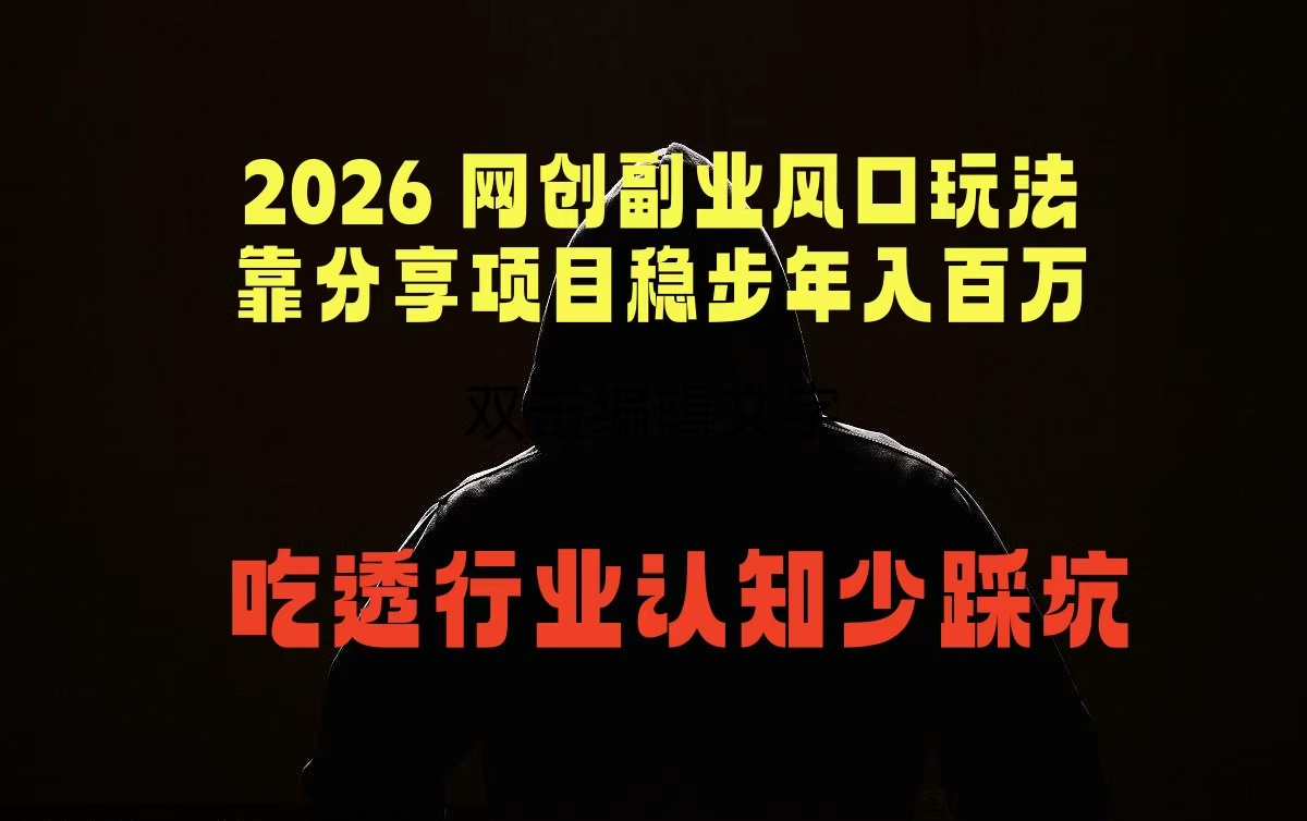 2026 网创副业风口玩法，靠分享项目稳步年入百万，吃透行业认知少踩坑-91搞钱