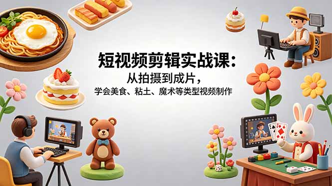 短视频剪辑实战课：从拍摄到成片，学会美食、粘土、魔术等类型视频制作-91搞钱