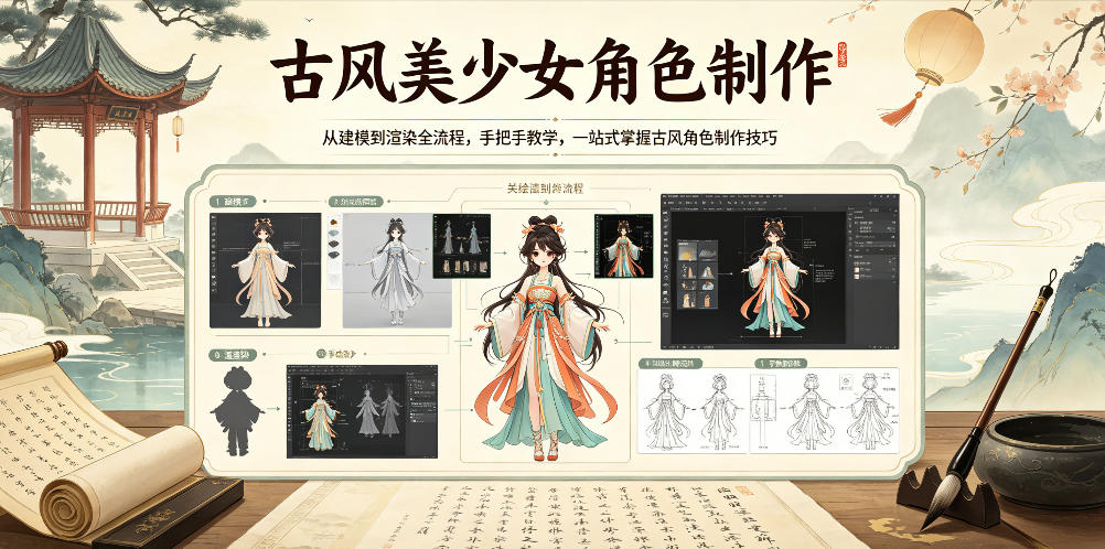 古风美少女角色制作，从建模到渲染全流程，手把手教学，一站式掌握古风角色制作技巧-91搞钱