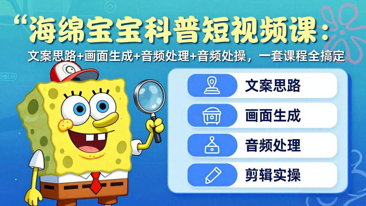 海绵宝宝科普短视频课:文案思路+画面生成+音频处理+剪辑实操,一套课程全搞定-91搞钱