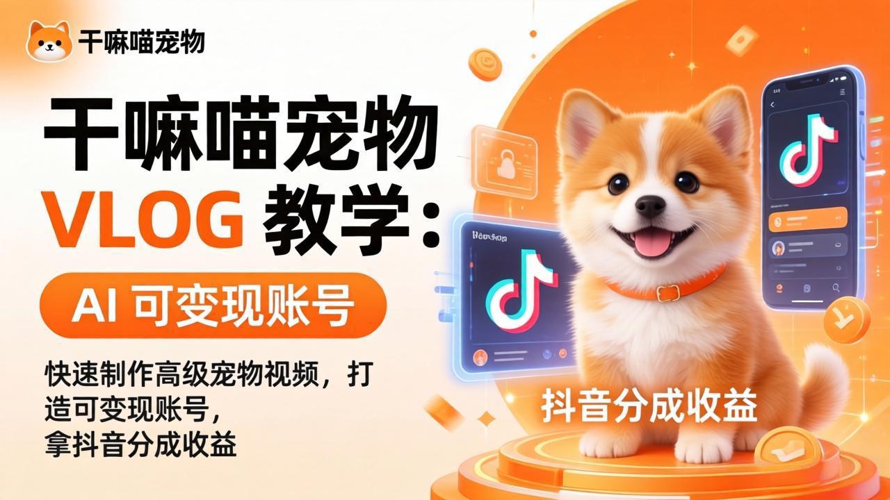 干嘛喵宠物 VLOG 教学:AI 快速制作高级宠物视频,打造可变现账号,拿抖音分成收益-91搞钱