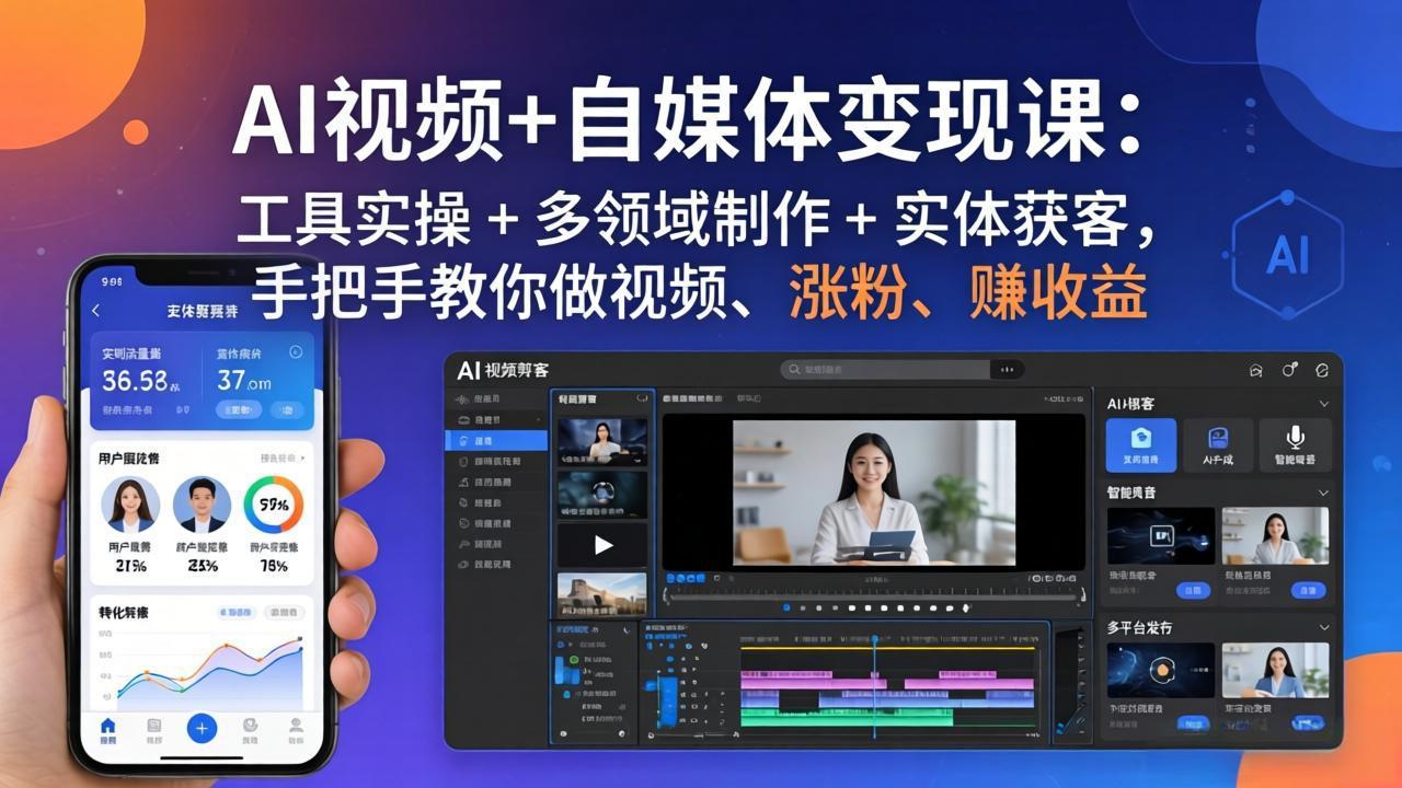 AI视频+自媒体变现课:工具实操 + 多领域制作 + 实体获客,手把手教你做视频、涨粉、赚收益-91搞钱