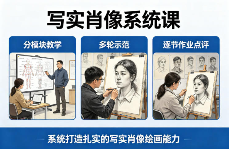 写实肖像系统课，全程分模块教学+多轮示范+逐节作业点评，系统打造扎实的写实肖像绘画能力-91搞钱
