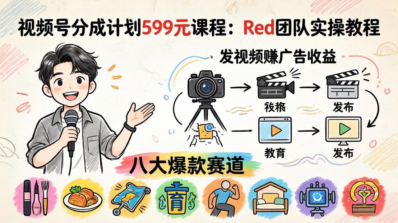 视频号分成计划599元课程：Red团队实操教程，发视频赚广告收益，八大爆款赛道全掌握-91搞钱