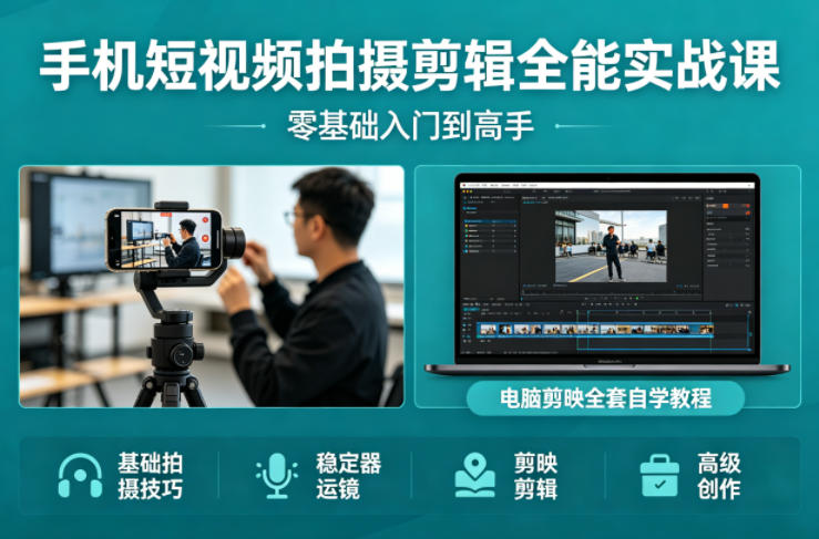 手机短视频拍摄剪辑全能实战课：零基础入门到高手，稳定器运镜+电脑剪映全套自学教程-91搞钱